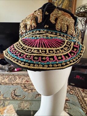 Handmade Embellished Elephant Embroidered Cap - Black, Gold, Pink, Teal- Small